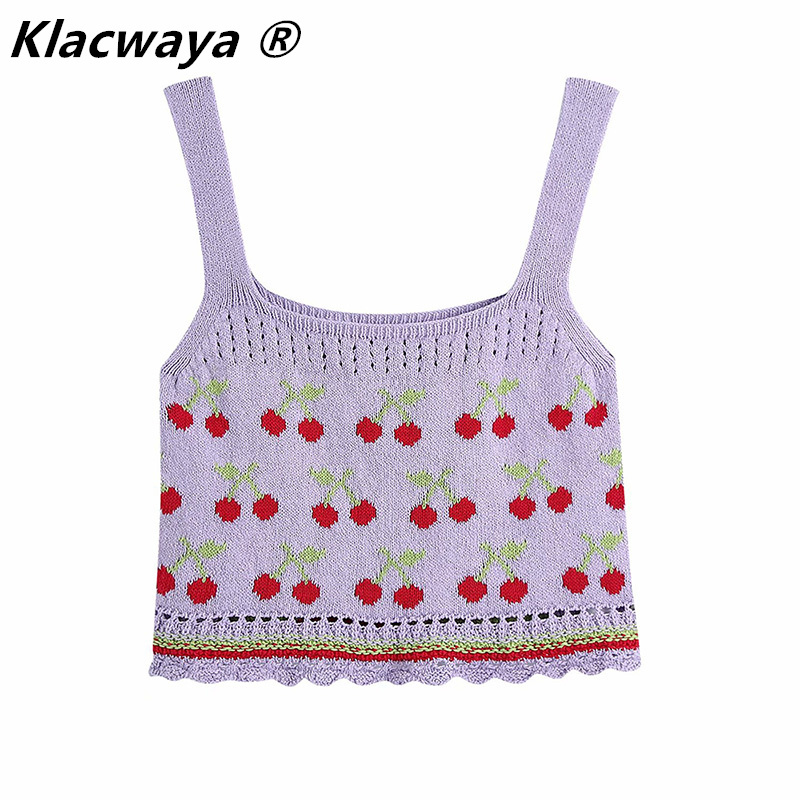 

Women Sweet Cherry Print Jacquard Sling Knit Sweater Female Hollow Out Crochet Short Vest Chic Summer Crop Tops 210521, Purple