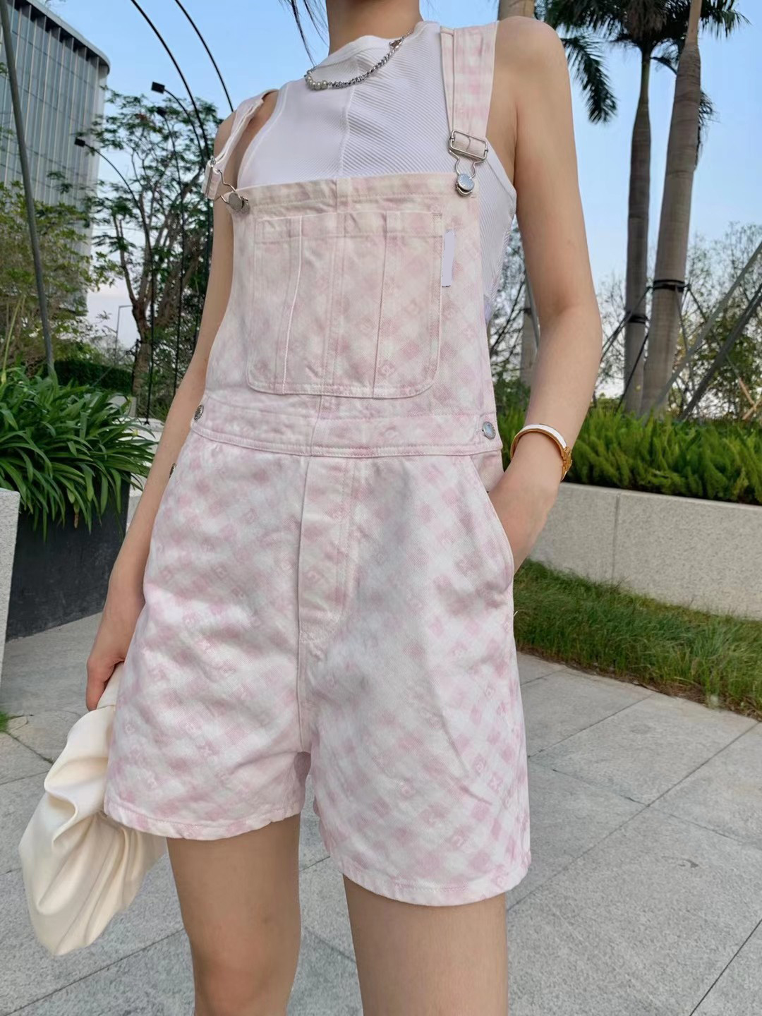 

most new fashion Rompers women street luxury Jumpsuits high quality spring Essential for travel parties Checkerboard denim overalls, Pink