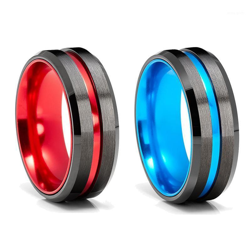 

Wedding Rings Fashion 8MM Men Red Blue Groove Beveled Edge Black Tungsten Carbide Ring Celtic Dragon Carbon Fibre Band1