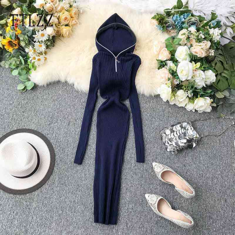 

Hooded bodycon dres slim autumn winter long sleeved zipper v-neck stripe black dresses ladies elegant party robe vestidos 210602
