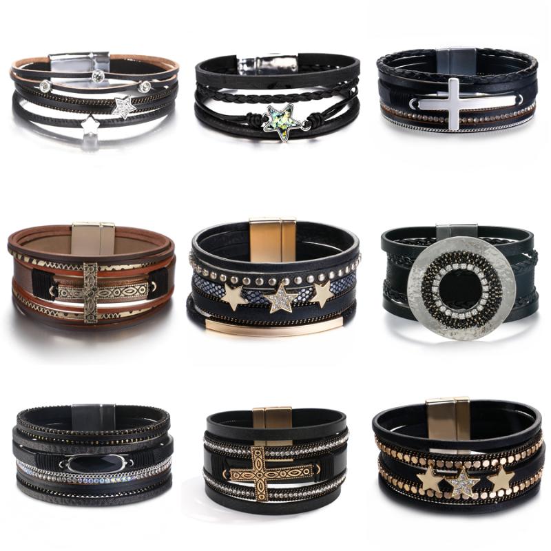 

Tennis Amorcome Multitype Big Cross Stars Charm Wrap Leather Bracelets For Women Men Punk Metal Multi-strand Wide Bracelet Boho Jewelry, Golden;silver