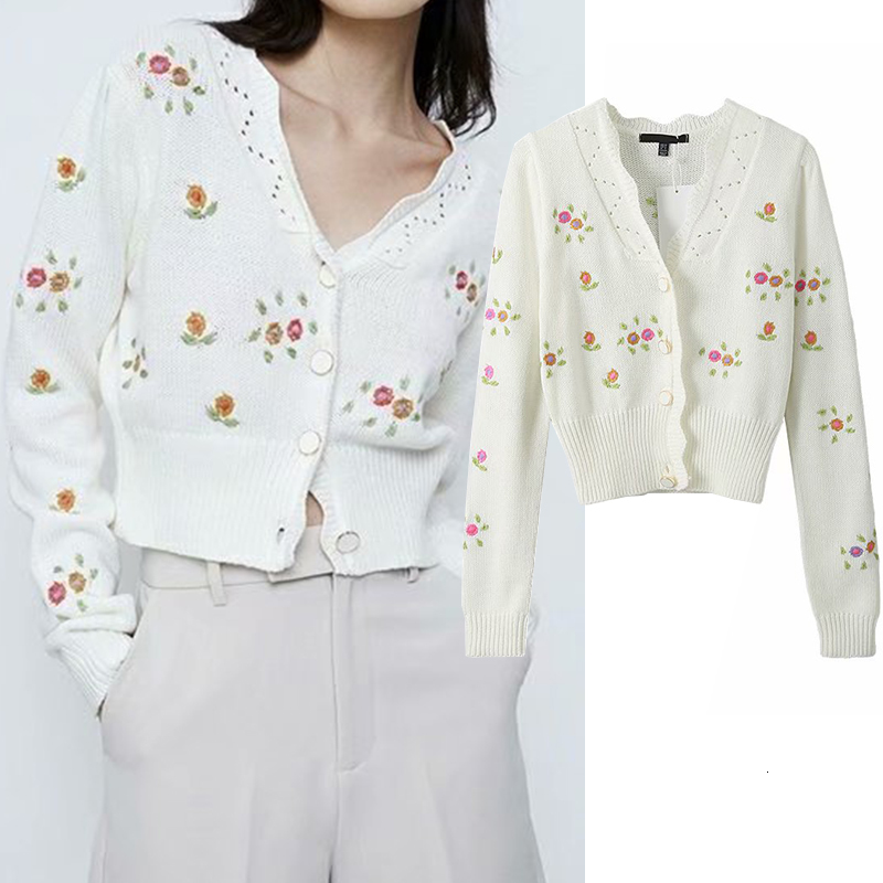 

Women' Two Piece Pants ZA Women Spring and Autumn Knit Sweater V neck embroidery flower Girl Long Sleeve Casual Loose Stitch 5Q9W, White