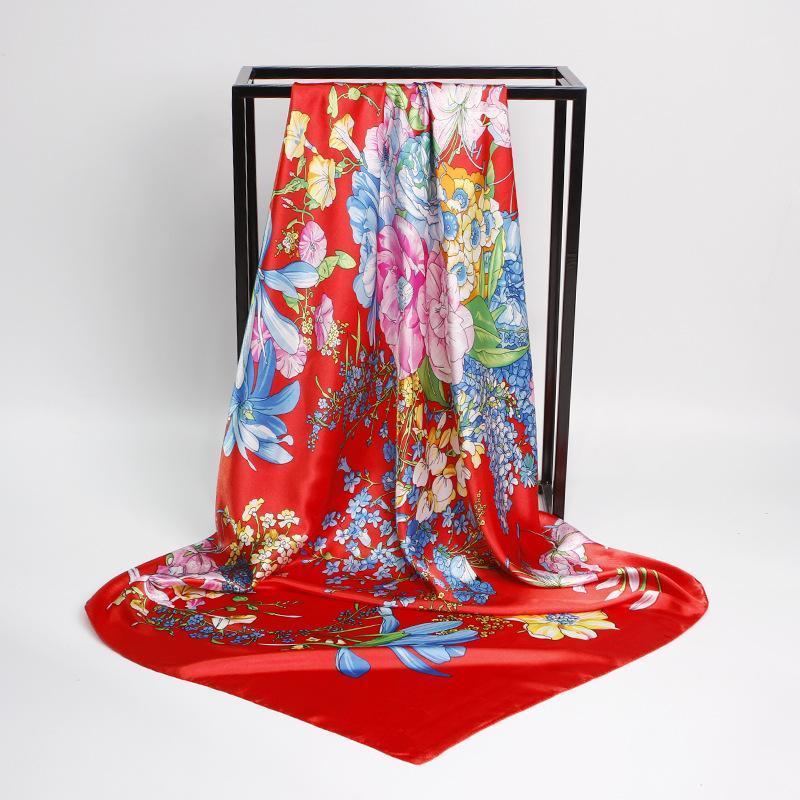 

Scarves Fashion Kerchief Hair Scarf For Women Floral Print Silk Satin Hijab Scarfs 90*90cm Square Headband Neck Ladies 2021, Blue;gray
