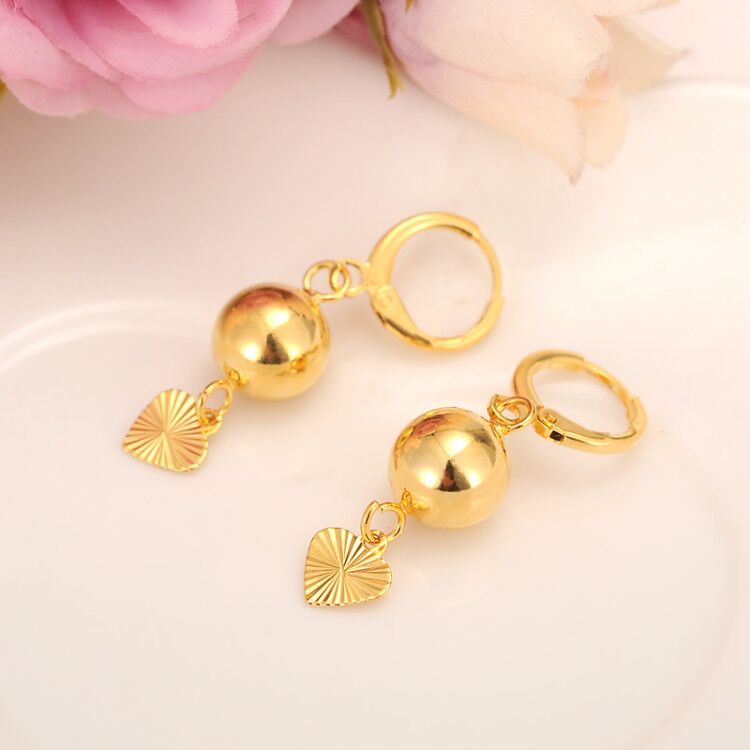 Beads smooth Dangle & Chandelier heart hang Earrings for Women/Girls 18 k Fine Solid Yellow Gold Ball Earing Jewelry Gifts African,Indonesia-image-678690521