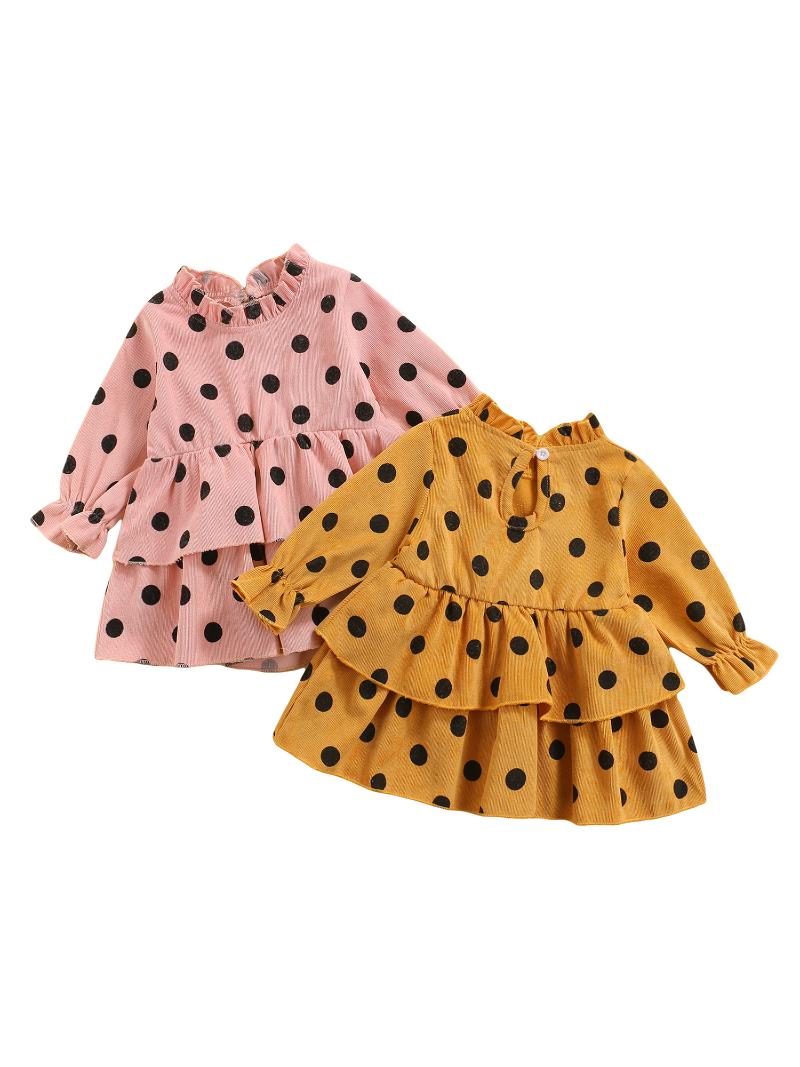 

Girl's Dresses Kids Layered Dress, Girls Dots Print Round Neck Long Sleeve Corduroy Gown For Spring Summer, Pink/Earthy Yellow, 0-3 Years, Red;yellow
