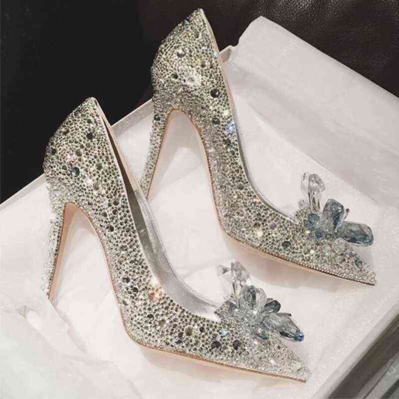 

2021 New Rhinestone High Heels Cinderella Shoes Women Pumps Pointed toe Woman Crystal Wedding Shoes 5cm 7cm 9cm heel big size W220224, Black drill-7cm