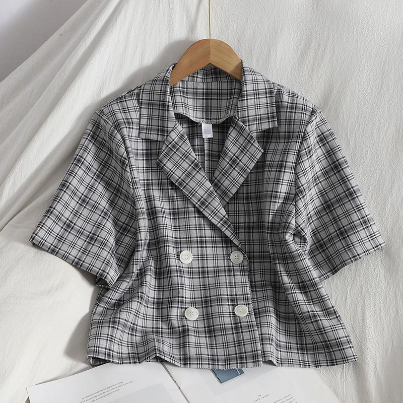 

Women's Blouses & Shirts Women Plaid Ulzzang Leisure Female Double Breasted Shirt Summer Retro Streetwear Stylish Student Preppy Style Mujer, White