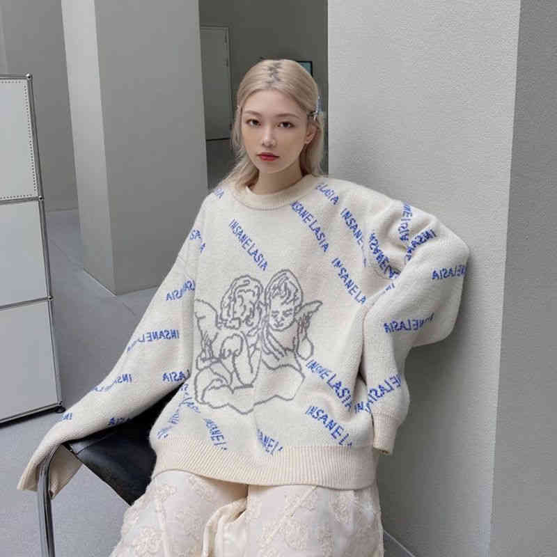 

women's sweaters oversized streetwear angel pattern women's lazy pullover new korean version round neck fashion women spring 8as3, White;black
