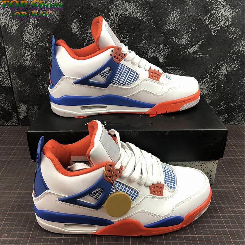 

Knicks 2021 Top Quality Men Jumpman 4 Basketball Shoes Big Size 4s White/Royal/Orange Chaussures Trainers Sneakers Sports Shoe JX