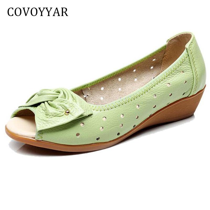 

Genuine Leather Bow Women Sandals Summer Soft Breathable Peep Toe Shoes Slip On Wedges Casual WSS960, Black