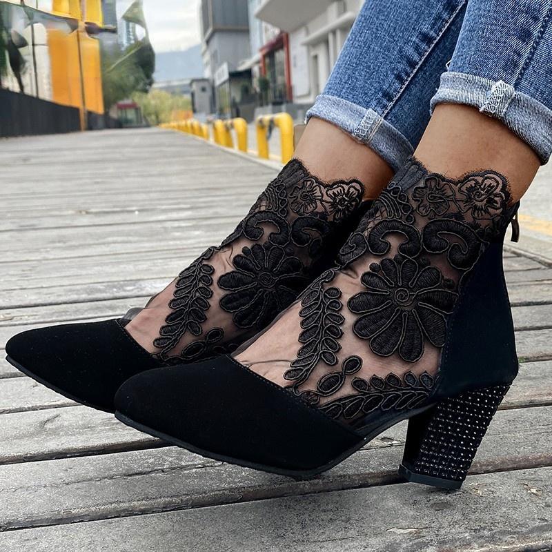 

Dress Shoes Fashion Women High Heels Lace Flower Ankle Strap Hollow Out Sandals Round Toe Zip Pumps Zapatos De Mujer Plataforma, Black