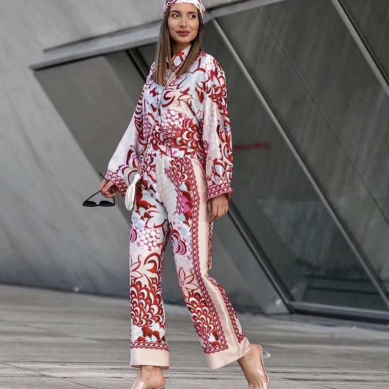 

Women's Two Piece Pants Elegant Woman Floral Print Shirt Suits Spring Fashion Casual Loose Female Streetwear Vinatge Beach Blouse Long, White