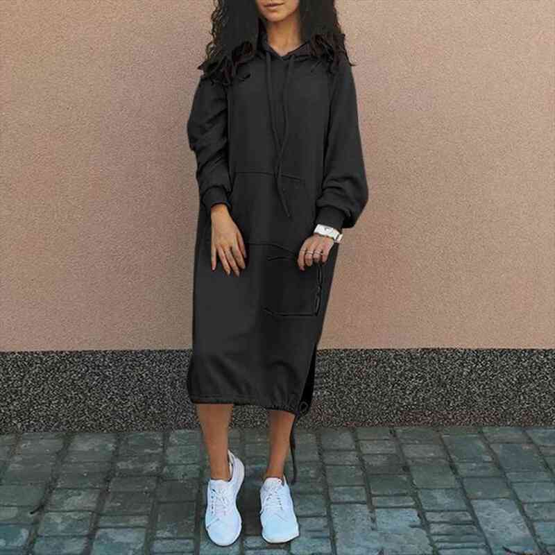

stylish hooded solid color side womens dresses split autumn winter long sleeve large pocket sweatshirt hoodie streetwear, Black;gray