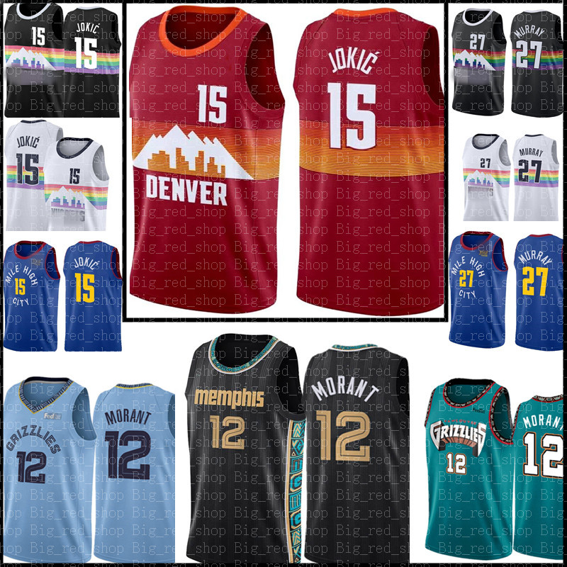 

15 Nikola Mens Jersey Jokic Basketball Jerseys Jamal 27 Murray Ja 12 Morant Jersey Red BLACK Blue White GREEN Grey