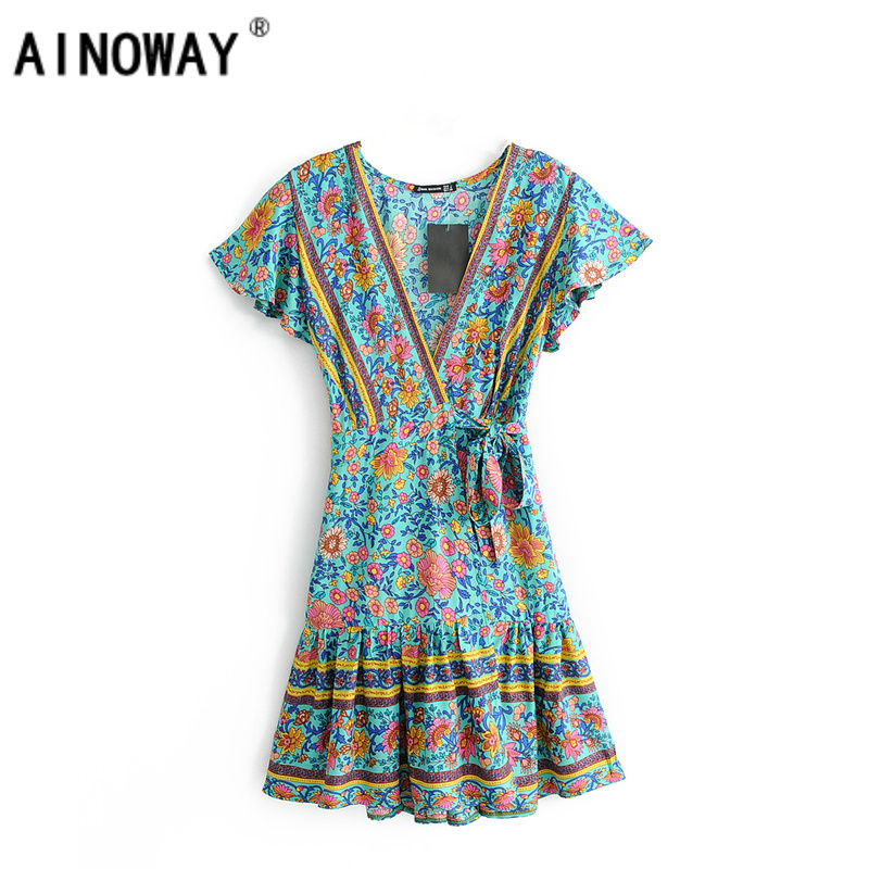

Vintage Chic women hippie floral print deep V-neck sashes Bohemian mini dress ladies short sleeve Boho dresses vestidos, Green