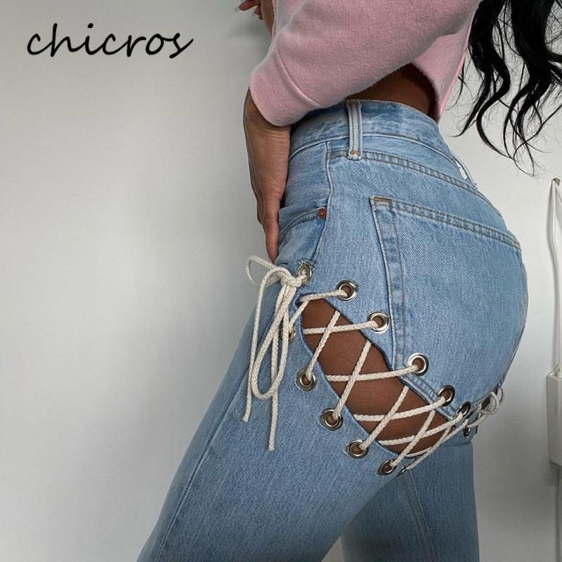 

Women's Jeans Chicros Hollow Out Lace Up Sexy Denim Pants Women Solid Summer Trousers High Waist Casual Pencil 2022, Blue