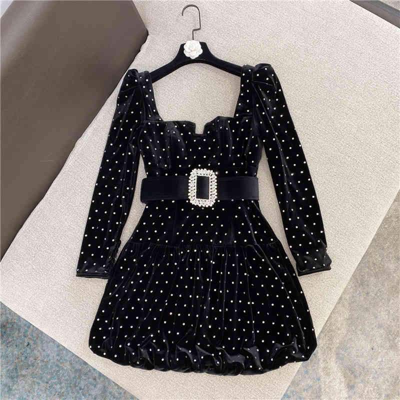 

Summer Women Fashion Square Collar Long Sleeve Diamond Decoration Belt A-Line High Waist Casual Black Dress RD720 210525