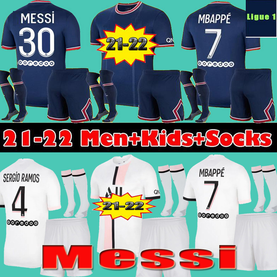 

MESSI PSG Maillots de football kits 21 22 soccer jersey 2021 2022 MBAPPE SERGIO RAMOS shirt men kids set uniform shorts socks maillot foot Hakimi hommes enfant Hakimi, 21 22 home no socks