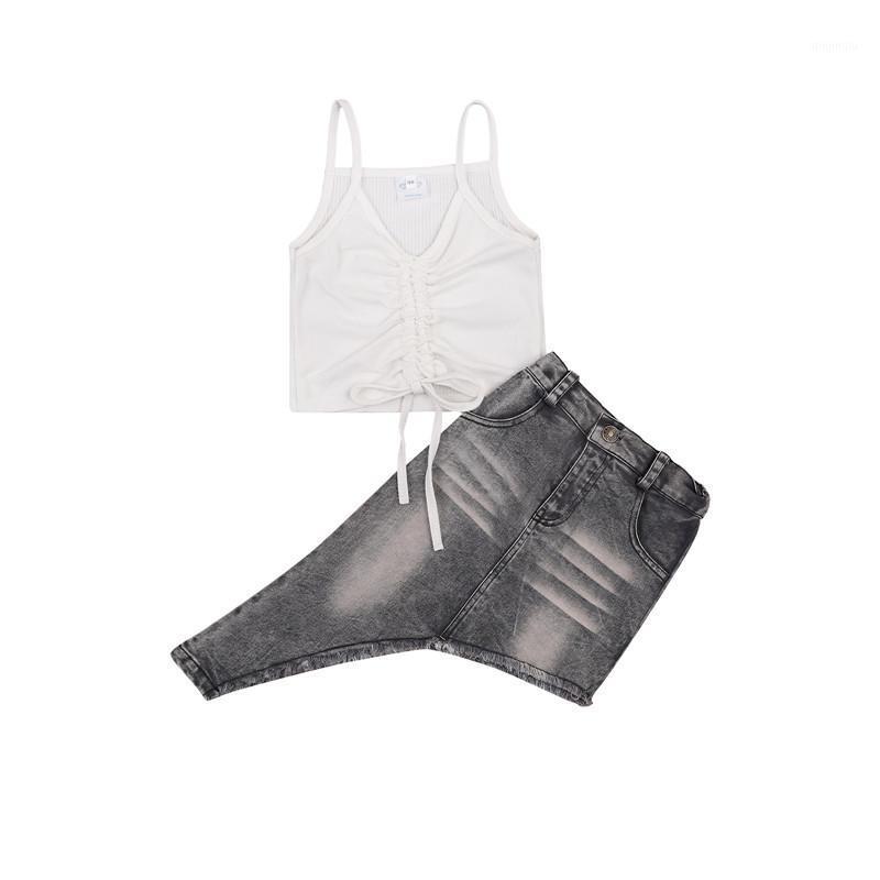 

1-6Y Fashion Kids Girls Summer Clothes Sets Sleeveless Drawstring Pleated Sling Tops Denim Skirts 2PCS Sunsuit Clothing, White