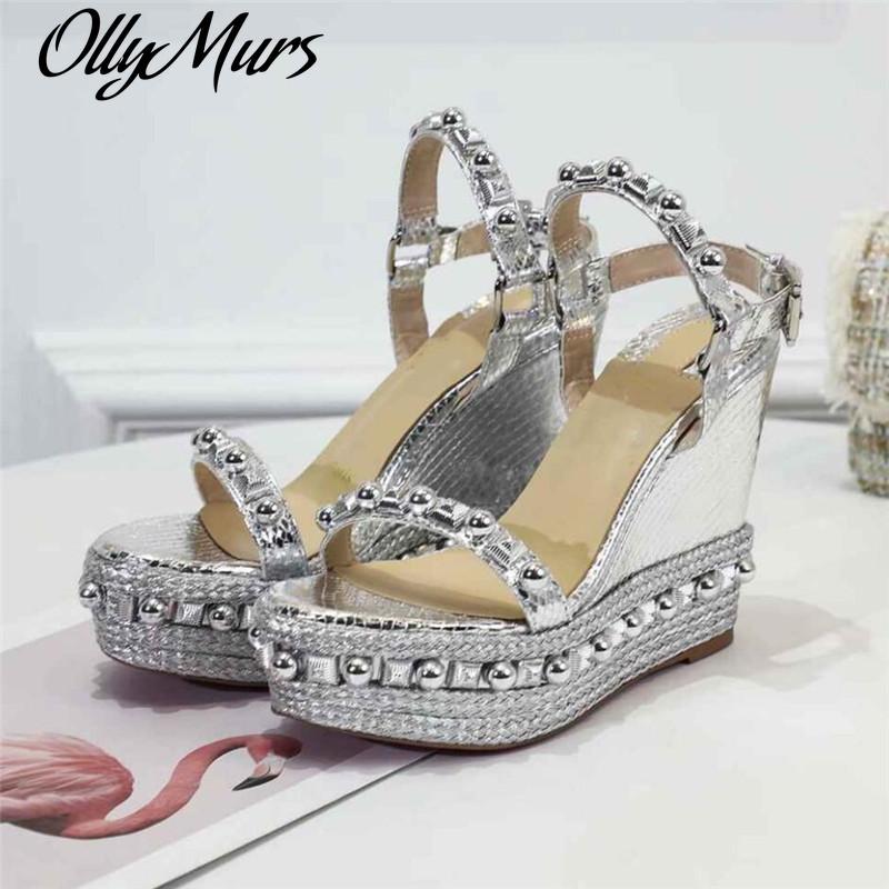 

Ollymurs Summer Women Platform Shoes Brand Wedges Sandals High Heels Open Toe Studded Rivets Height Increasing Sandale Femme Dress, Black