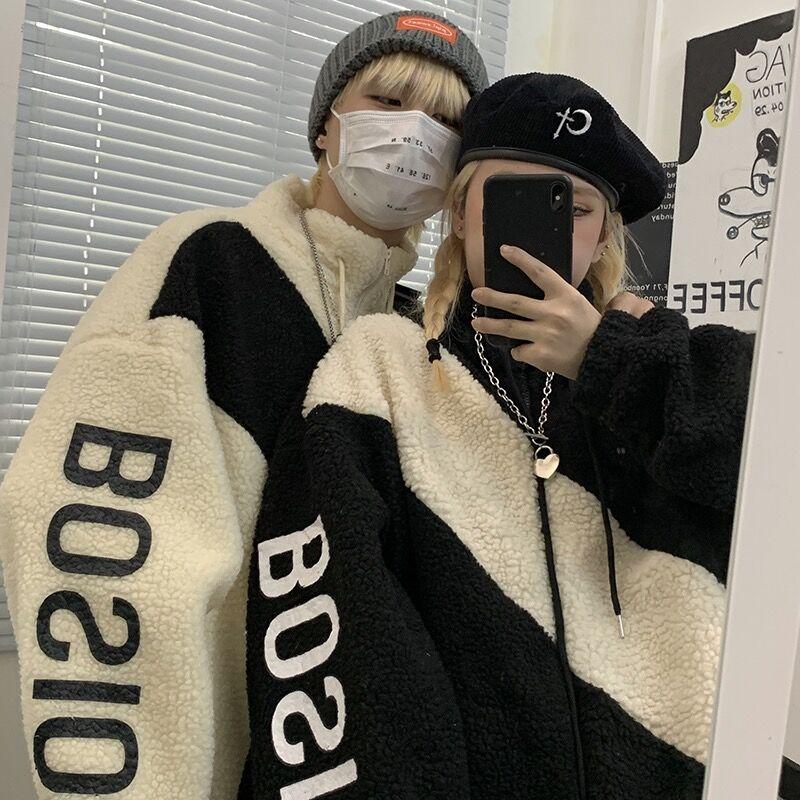 

Women's Jackets Lamb Velvet Letters Contrast Color Stand Collar Thick Furry Jacket Women, Black;brown