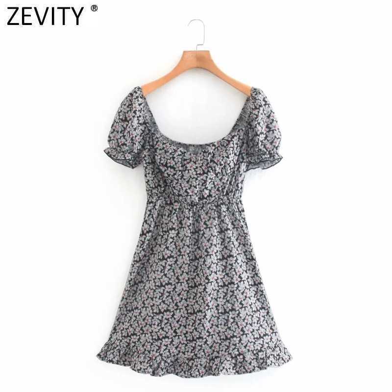

ZEVITY women fashion flower print vestido hem pleat ruffles mini dress female chic puff sleeve casual slim dresses DS4382 210603, As pic ds4382ld