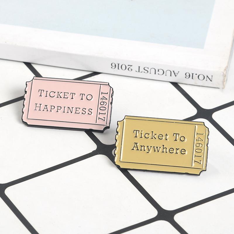 

Pins, Brooches Tickets To Happiness Anywhere Pins Romantic Ticket Pink Brown Vintage Enamel Pin Badge Bag Denim Jackets Lapel Gift