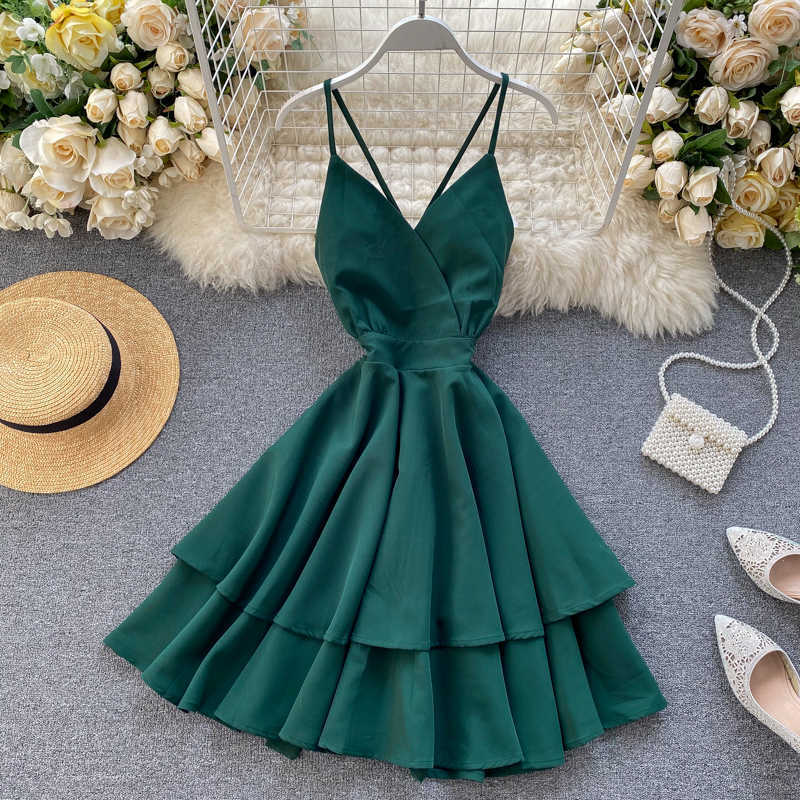

2020 Summer Vacation Women's Beach Dress Sexy V-neck Sleeveless Ruffle A-line White/Red/Green Dress For Female Vestidos Verano Y0603