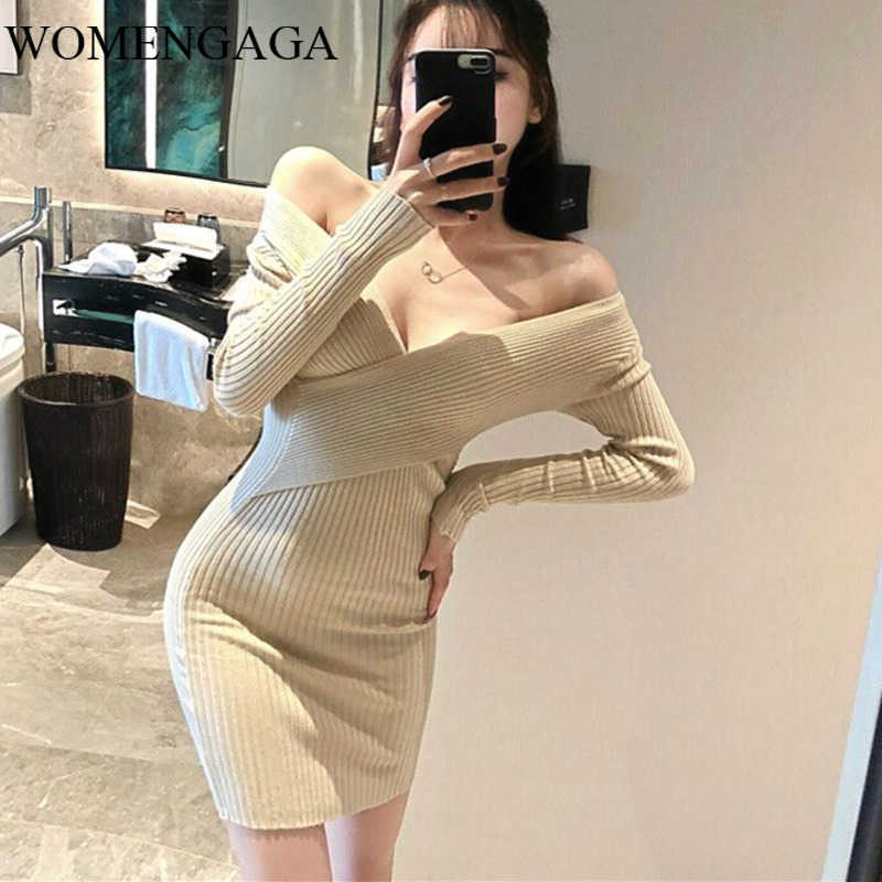 

WOMENGAGA Autumn Winter Sexy Cross V-neck Low Chest Tight Knitting Slim Hip Long Sleeve Bottoming Mini Dresses C8TK 210603, Black