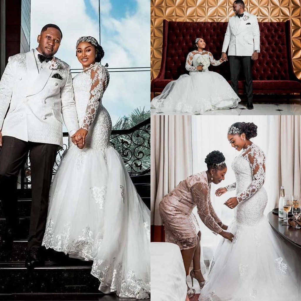 

2021 Plus Size African Mermaid Wedding Gowns Sheer Jewel Neck Illusion Long Sleeved Bridal Dress Arabic Lace Appliqued Sweep Train Vestidos De Novia AL9126, White