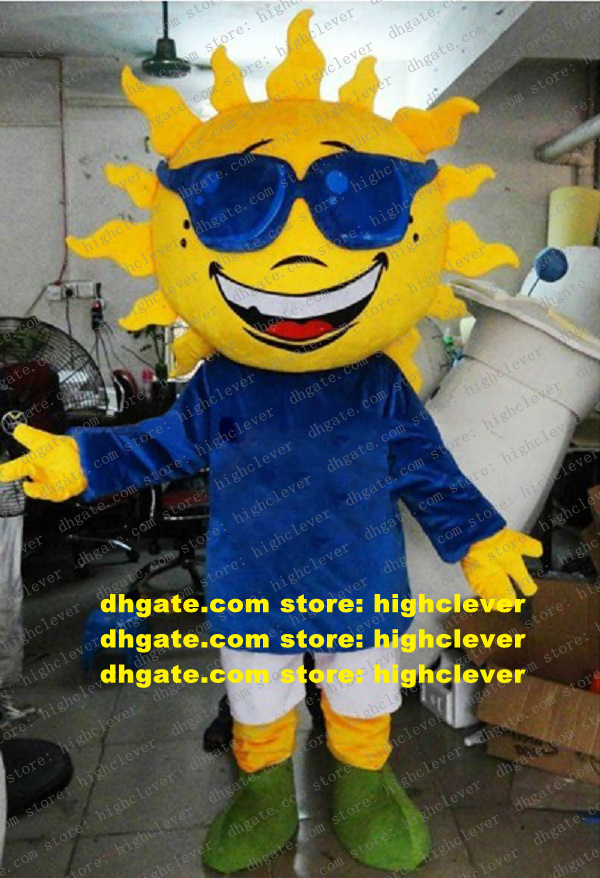 

Handsome Yellow Sun Mascot Costume Adult Size With Blue Sunglasses Sharp Short Hairs Round Big Face Shorts Eyebrows No.6972, Red;yellow