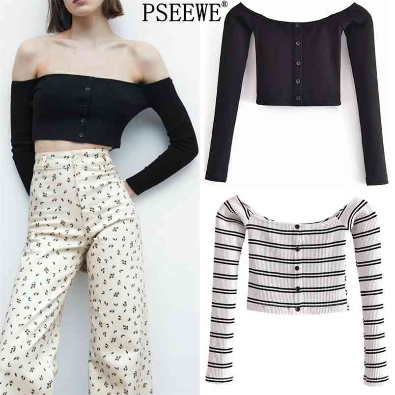 

Summer Black Crop Top Women Fashion Off Shoulder Striped Woman T-Shirts Long Sleeve Streetwear Ribbed Sexy 210519