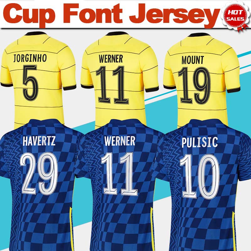 

CL Version #10 PULISIC Soccer Jersey cup font home 21/22 Men #11 WERNER Soccer Shirts #9 ABRAHAM #19 MOUNT#7 KANTE Away Yellow Football Uniforms Customized, Home no patch
