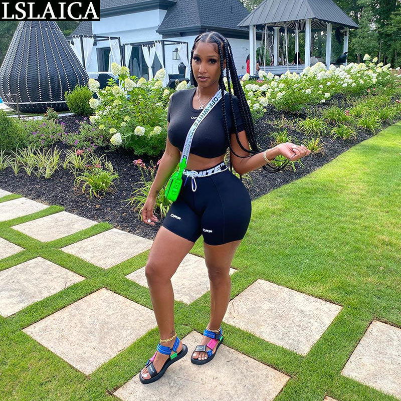 

Two Piece Short Top&Shorts Knit Letter Print Elastic Waist Tracksuits Women Set Solid Casual Fashion Biker Shorts 2 210520, Gray