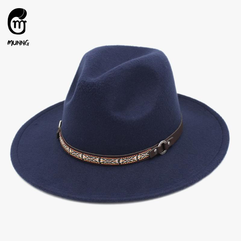 

Wide Brim Hats Munng Men Women Wool Blend Panama Jazz Fedora Trilby Caps Cotton Weave Leather Belt Band, Blue;gray