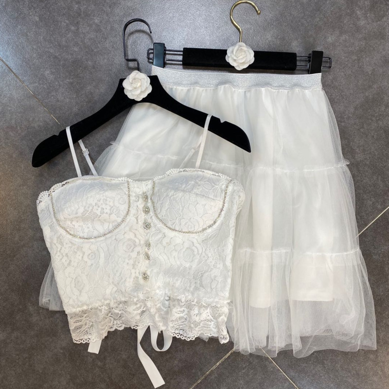 

Women Two Piece Set Lace Chest Pad Camis Elastic Waist Mesh Skirt Sexy Solid Color Fashion Spring Summer 11B778 210525, White