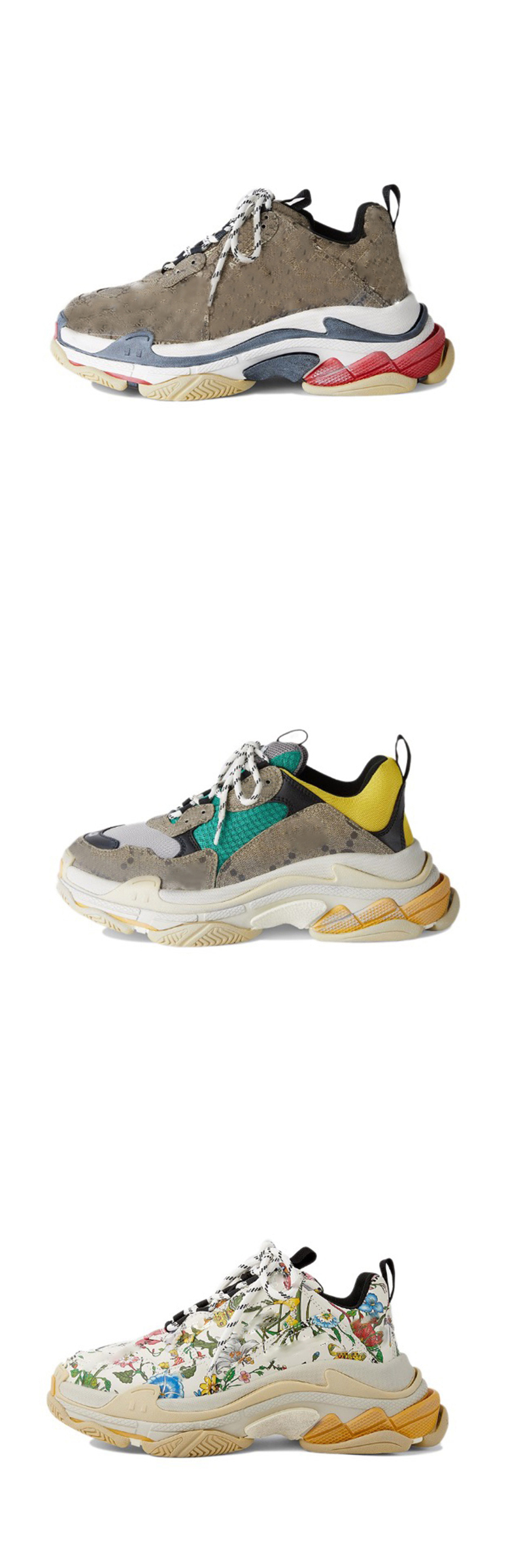 

Authentic The Hacker Project Triple S Beige Green Yellow Flora Print Shoes Men Women Trainers Old Dad Platform Sneakers Paris 17FW Sports With Original Box