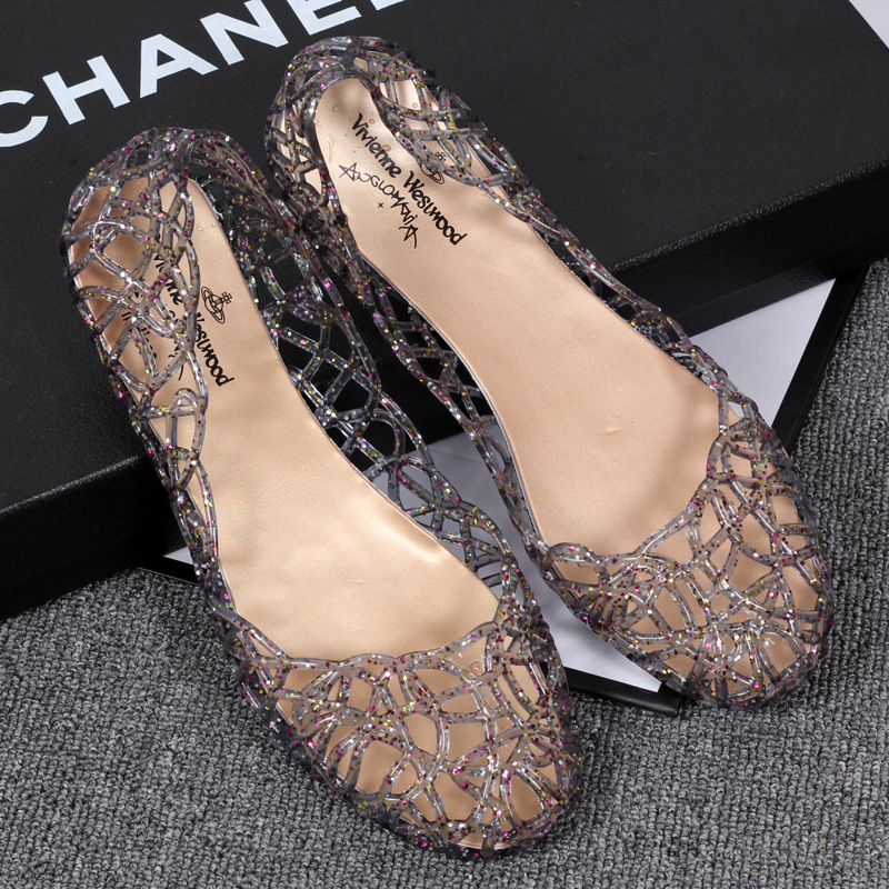 

Clear Jelly Shoes Womens Sandals Summer Plastic Woman Mesh Flat Hollow Out Girl Sandalias Sapatos, Black