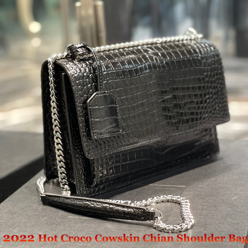 

Women's Handbags Crocodile Grain Calfskin Sunset Chain Shoulder Bags Fashion Design Lady's Crossbody bag top quality genuine leather messenger purses 22cm factory, Blackgold chain