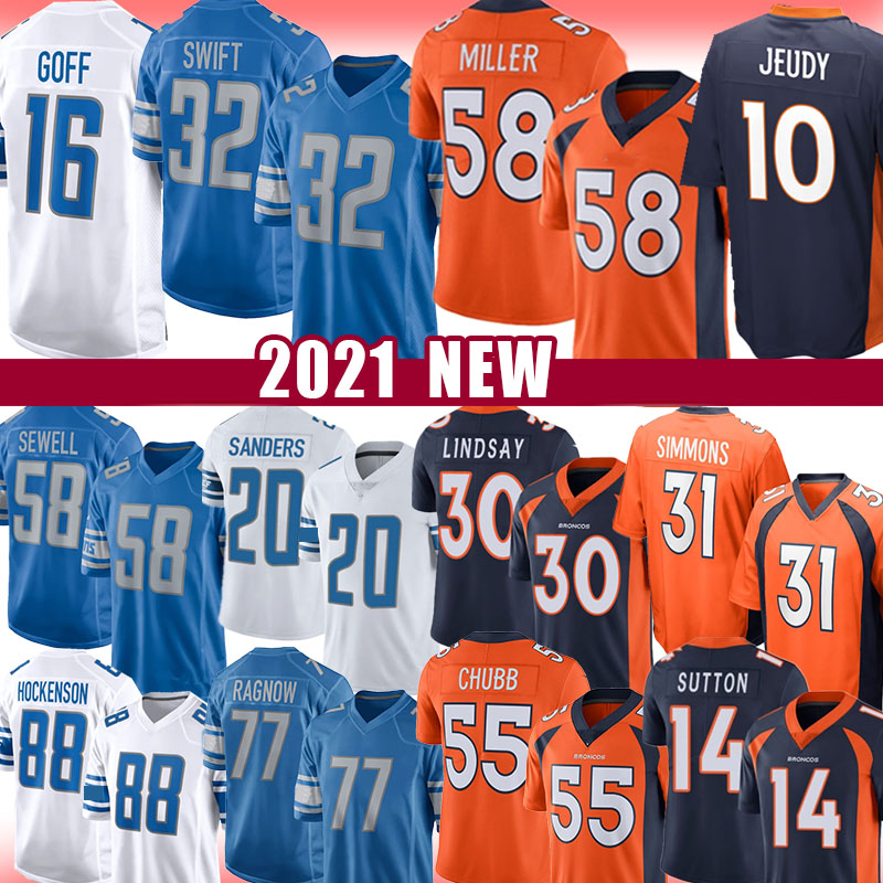 

58 Von Miller Jerry Chubb Jared Goff D'Andre Swift Jersey Jeudy Bradley Justin Simmons DenverBroncosDetroitLionsBarry Sanders T.J. Hockenson Drew Lock, Mens jersey (xiongshi)