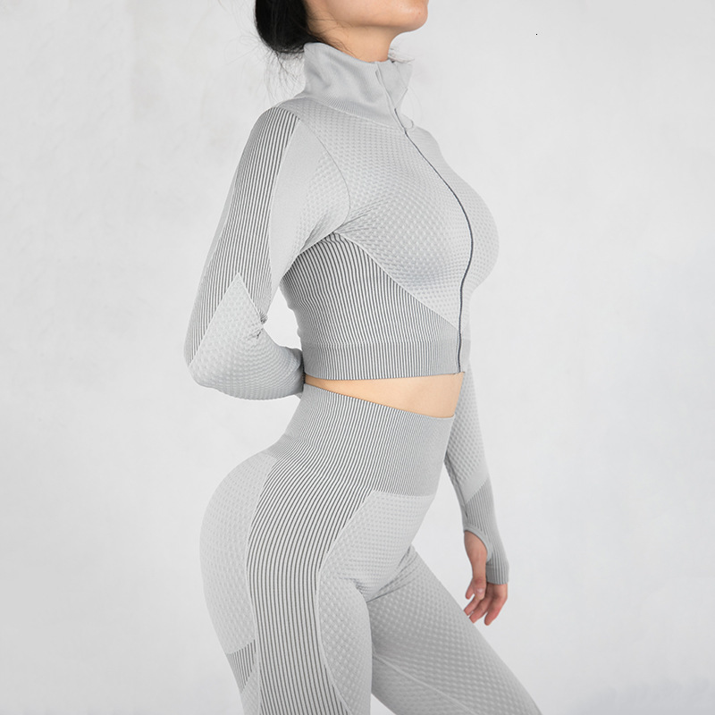 

lifting Seamless Yoga suit autumn and winter hip tight running fitness jacket pants sports 2-piece set, Gray