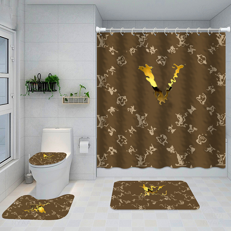 

Letter Print Shower Curtains Sets Designer High-grade Four-piece Suit Bathroom Anti-peeping Non-slip Deodorant Bath Mats