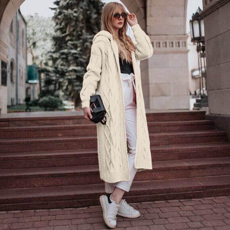 

Women's Knits & Tees 2022 Autumn Winter Color Hooded Long Cardigan Sweater Twist Knit Sweaters Women Clothing, White