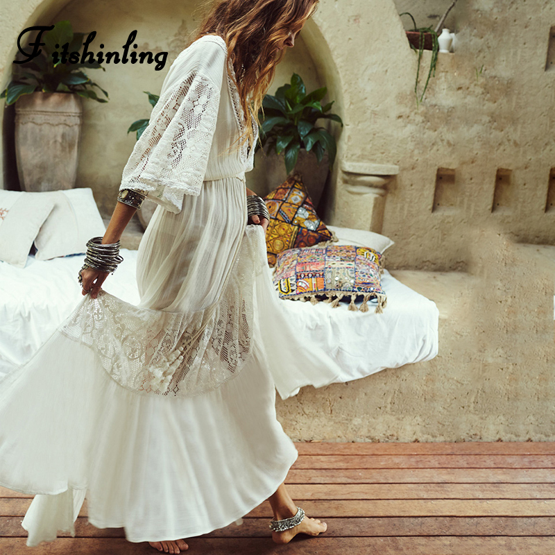 

Fitshinling Bohemian beach long dress lace splice deep v ne sexy hot maxi dresses women swimwear holiday fashion summer dress