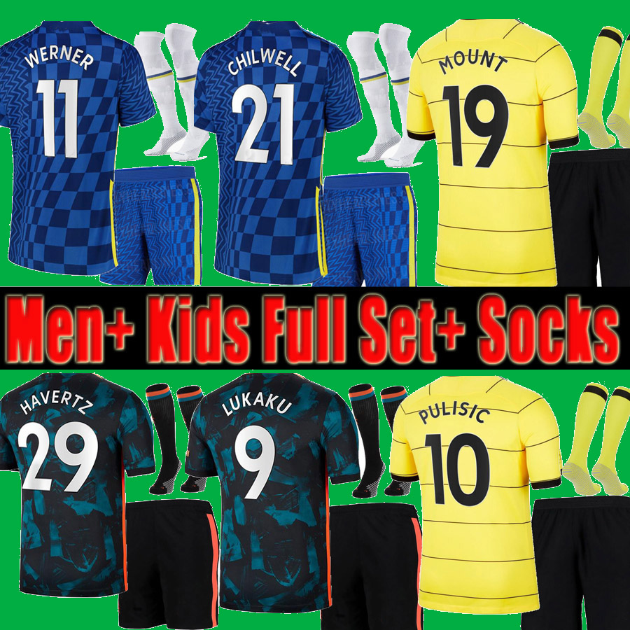 

LUKAKU Kante 2021 2022 Men Adult + Kids Soccer Jerseys Shorts Socks Full uniform Set kits WERNER HAVERTZ CHILWELL ZIYECH 21 22 PULISIC Rüdiger Football Shirt MOUNT child, 21 22 home set no patch
