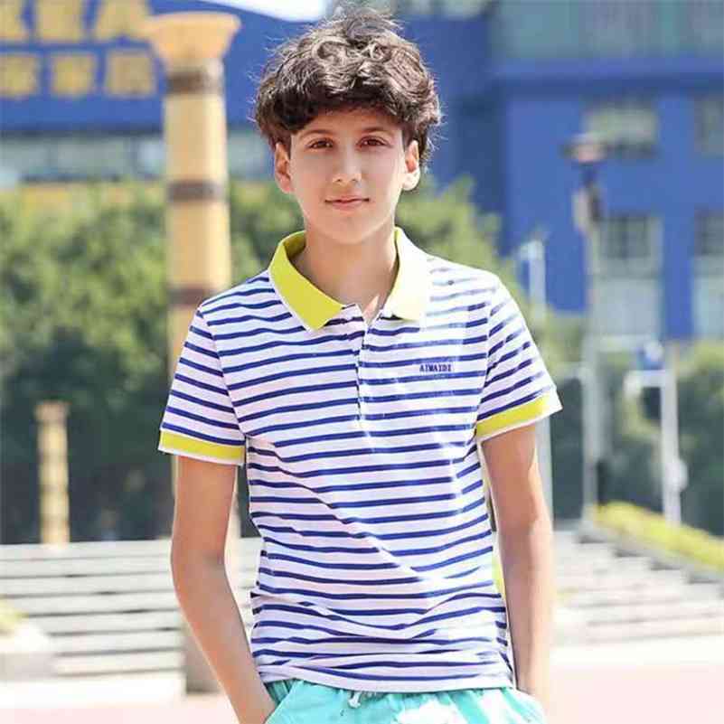 

Fashion 110-165cm 4-13 14 15 Years Teenager Children 100% Pure Cotton Short Sleeve Summer Striped T-Shirt For Kids Baby Boy 210701, Blue