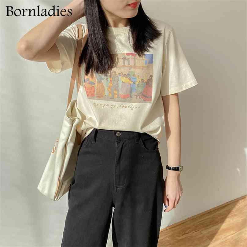 

Bornladies Oil Painting Print T-shirt Women Short Sleeve Loose 100% Cotton Shirt Female Basic Tops Summer Ladies Tees femme 210720, Brick red
