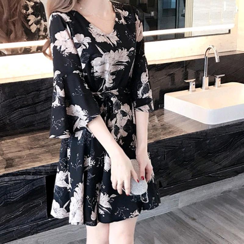 

Casual Dresses Fashion Women Sexy V Neck Floral Printing Knee Length Ruffle Half SleeveLoose Elegant Mini Dress Wrap Sundress Robe #40, Black;gray