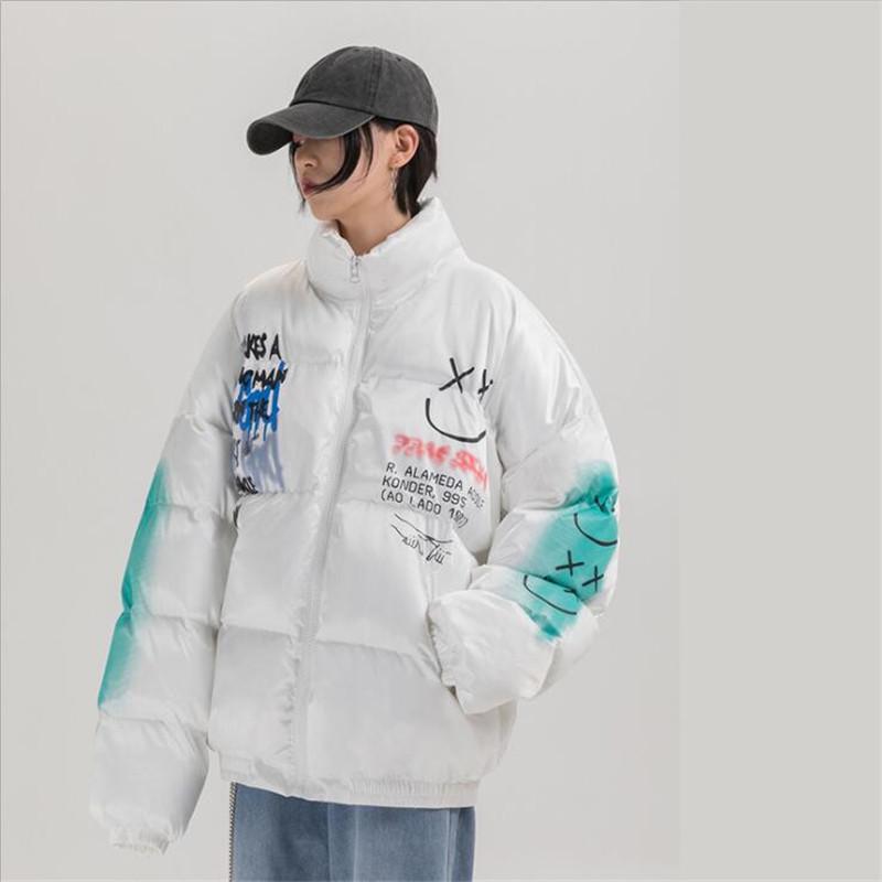 

Men's Down & Parkas 2021 Hip Hop Thick Jacket Parka Happy Graffiti Print Men Windbreaker Streetwear Harajuku Winter Padded Coat Warm Outwear, Black
