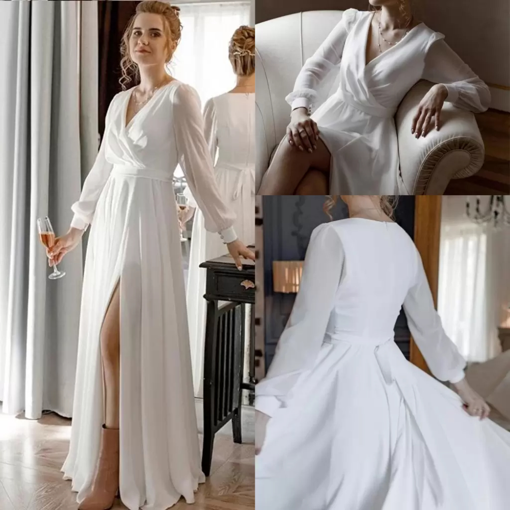 

New Year's Simple Country Beach A Line Wedding Dresses Bridal Gowns Boho V Neck Long Sleeves High Side Split Chiffon Garden Floor Lengt, White